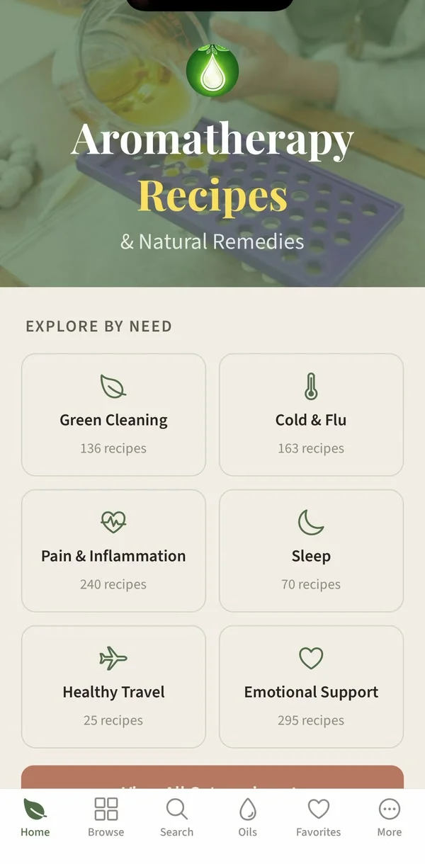 Aromatherapy Recipes app showing the recipe browser